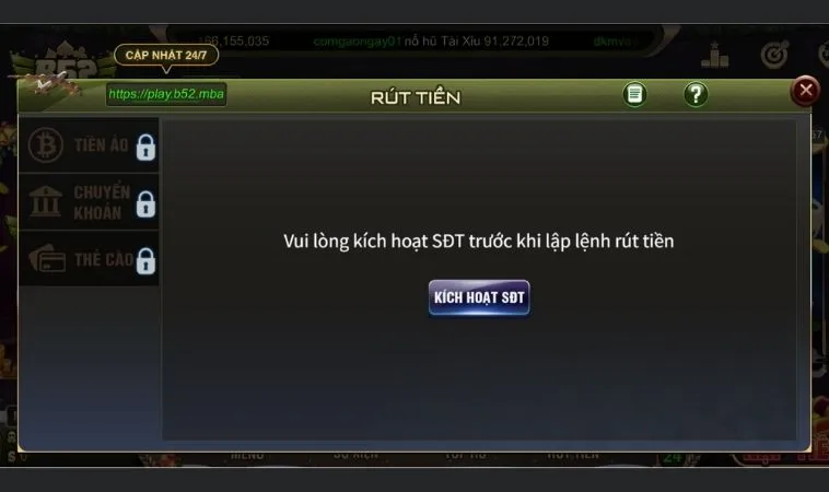 Giao diện rút tiền B52 Club